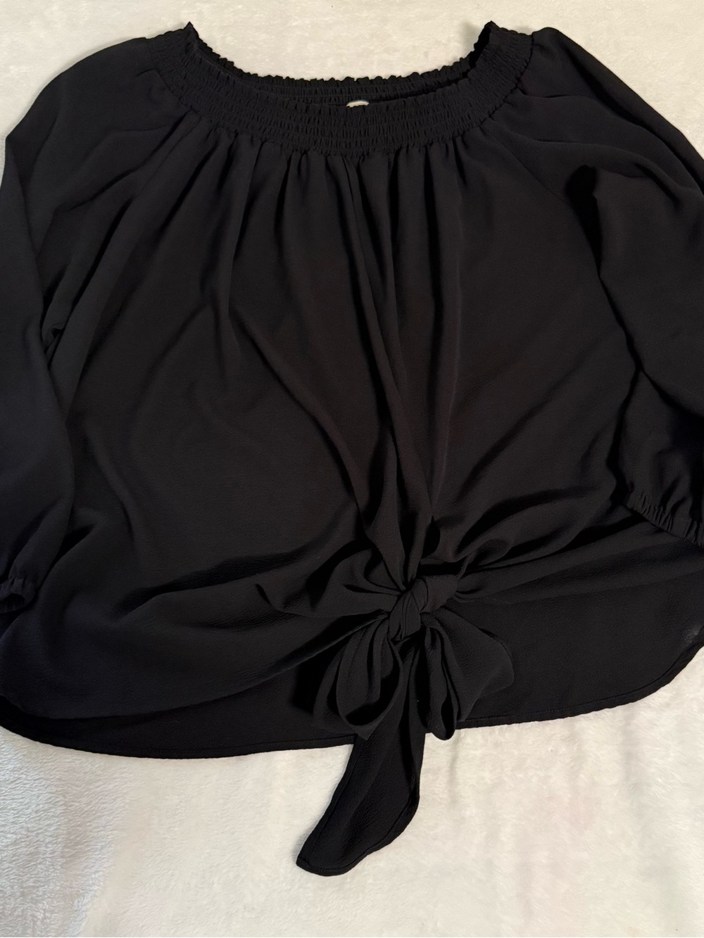MICHAEL Michael Kors Womens 1X Black Peasant Blouse Smocked Neck Tie Front Top